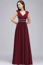 Burgundy Chiffon Sheath V Neck Long Evening Dresses by misshow.com