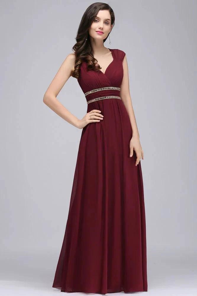 Burgundy Chiffon Sheath V Neck Long Evening Dresses by misshow.com