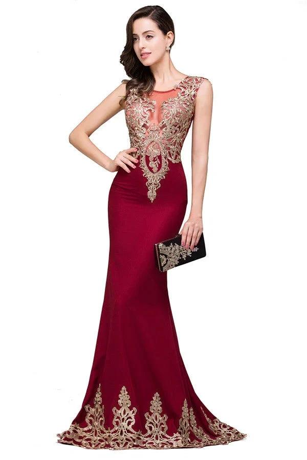 Burgundy Crew Sweep-length Mermaid Formal Dresses by misshow.com