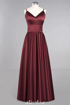 Burgundy Evening Maxi Dress Charming V-Neck Backless Wedding Party Dress by misshow.com