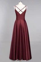 Burgundy Evening Maxi Dress Charming V-Neck Backless Wedding Party Dress by misshow.com