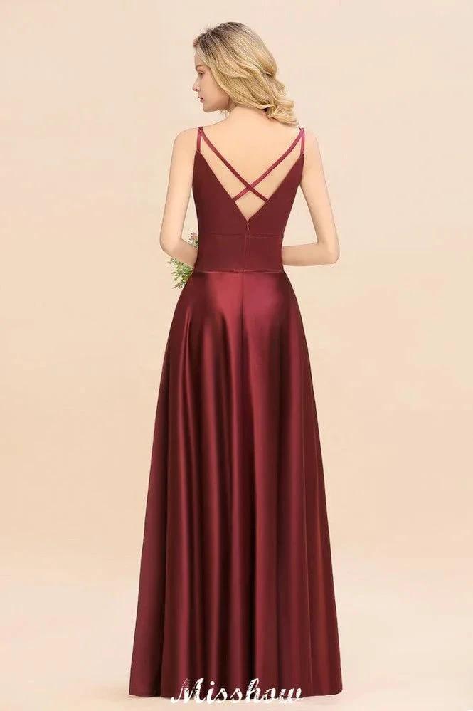 Burgundy Evening Maxi Dress Charming V-Neck Backless Wedding Party Dress by misshow.com