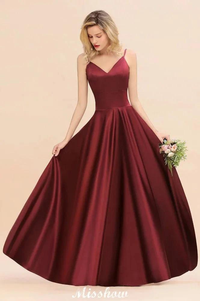 Burgundy Evening Maxi Dress Charming V-Neck Backless Wedding Party Dress by misshow.com