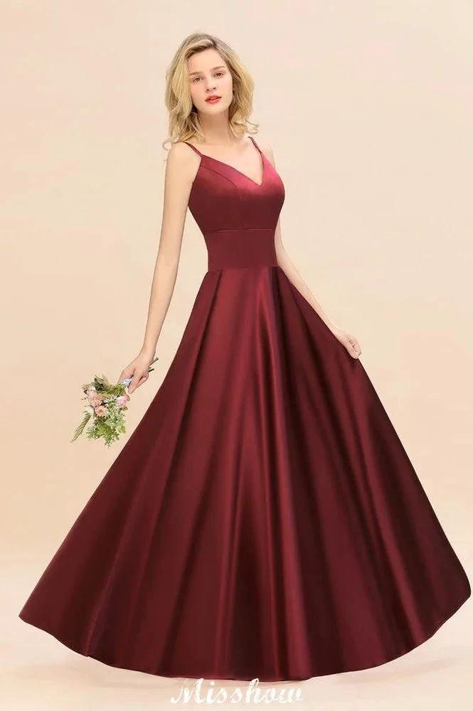 Burgundy Evening Maxi Dress Charming V-Neck Backless Wedding Party Dress by misshow.com