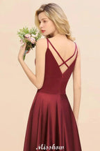 Burgundy Evening Maxi Dress Charming V-Neck Backless Wedding Party Dress by misshow.com