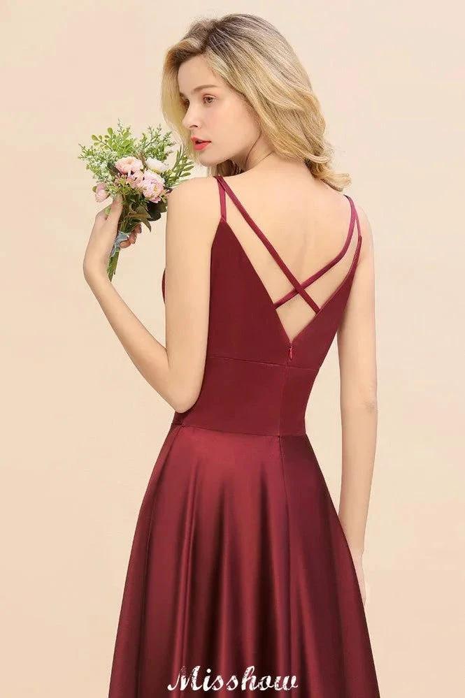 Burgundy Evening Maxi Dress Charming V-Neck Backless Wedding Party Dress by misshow.com