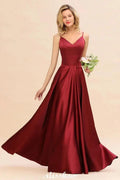Burgundy Evening Maxi Dress Charming V-Neck Backless Wedding Party Dress by misshow.com