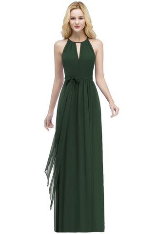 Burgundy Halter A-line Floor Length Bridesmaid Dresses with Bow Sash