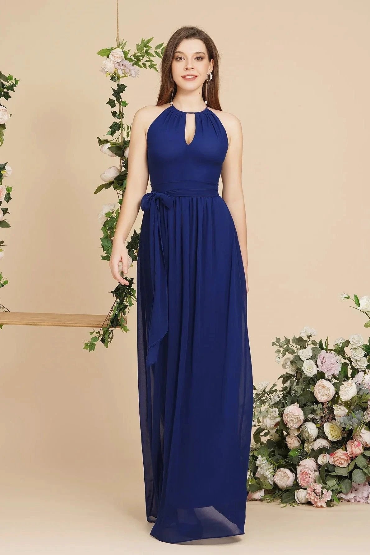 Burgundy Halter A-line Floor Length Bridesmaid Dresses with Bow Sash by misshow.com