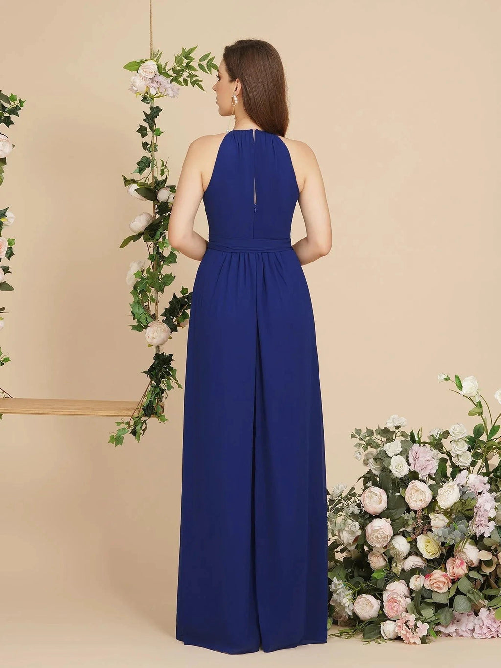 Burgundy Halter A-line Floor Length Bridesmaid Dresses with Bow Sash by misshow.com