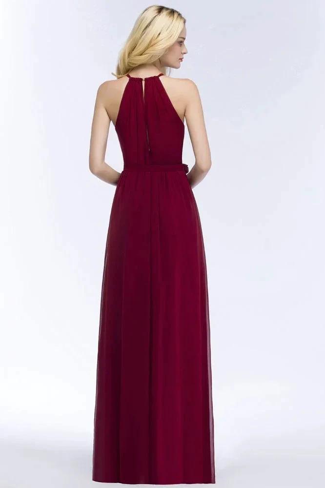 Burgundy Halter A-line Floor Length Bridesmaid Dresses with Bow Sash by misshow.com