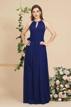 Burgundy Halter A-line Floor Length Bridesmaid Dresses with Bow Sash by misshow.com