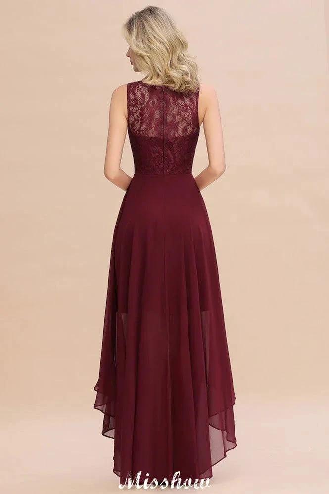 Burgundy Hi-Lo Evening Party Dress Sleeveless Lace Bridesmaid Dress by misshow.com