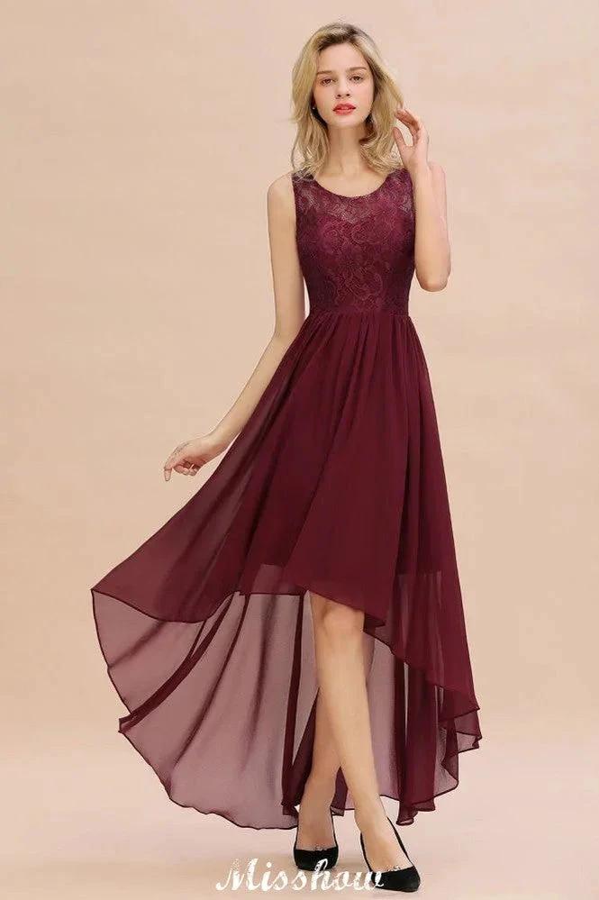 Burgundy Hi-Lo Evening Party Dress Sleeveless Lace Bridesmaid Dress by misshow.com