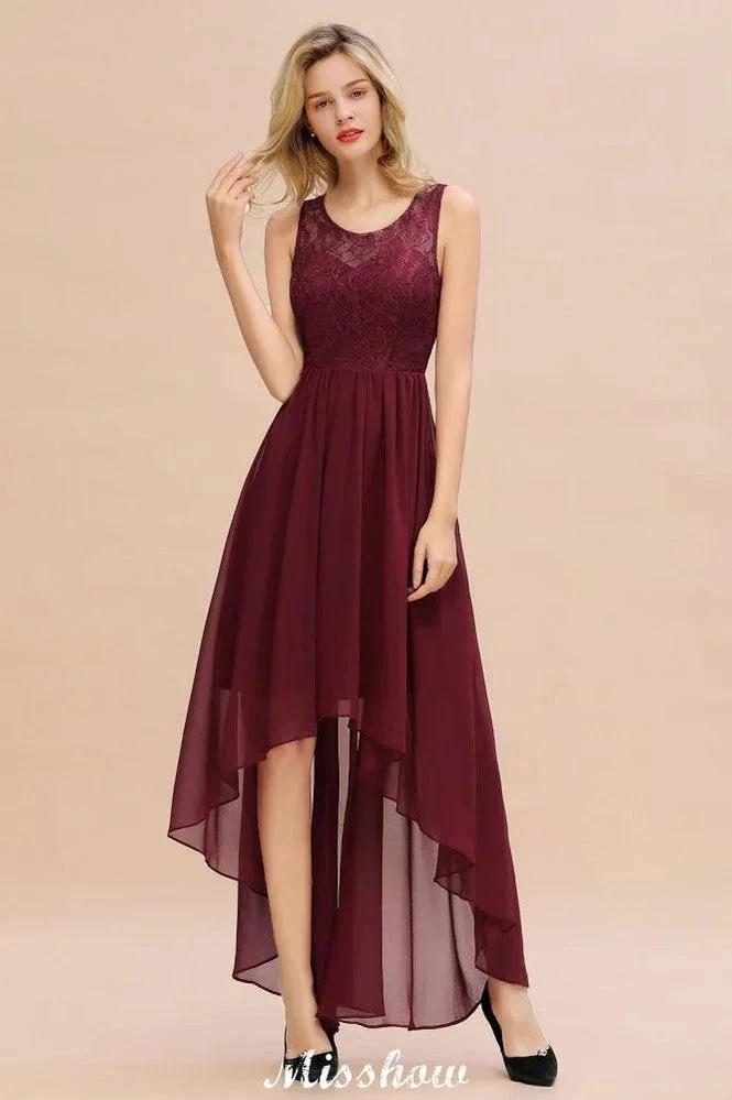 Burgundy Hi-Lo Evening Party Dress Sleeveless Lace Bridesmaid Dress by misshow.com