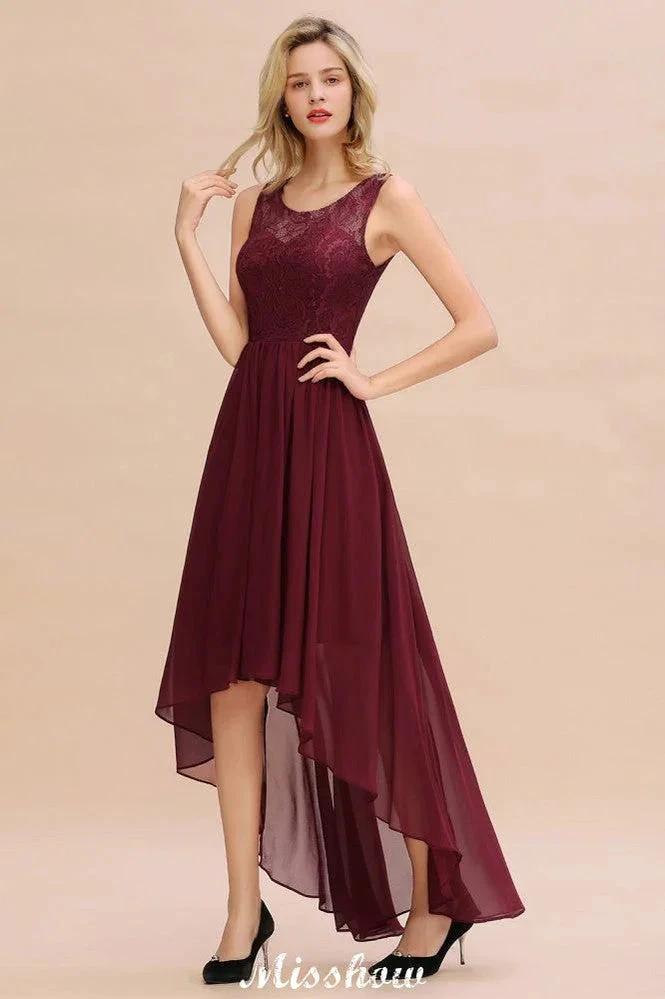 Burgundy Hi-Lo Evening Party Dress Sleeveless Lace Bridesmaid Dress by misshow.com