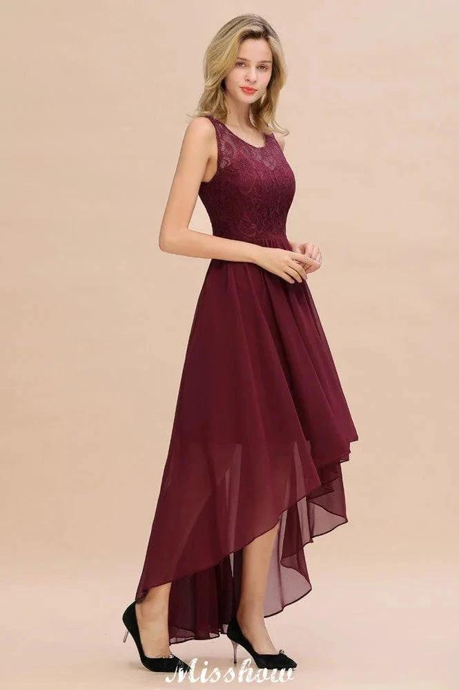 Burgundy Hi-Lo Evening Party Dress Sleeveless Lace Bridesmaid Dress by misshow.com