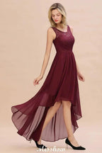 Burgundy Hi-Lo Evening Party Dress Sleeveless Lace Bridesmaid Dress by misshow.com