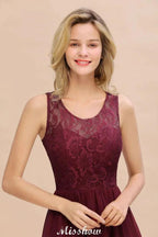 Burgundy Hi-Lo Evening Party Dress Sleeveless Lace Bridesmaid Dress by misshow.com