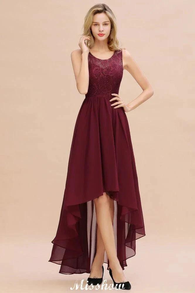 Burgundy Hi-Lo Evening Party Dress Sleeveless Lace Bridesmaid Dress by misshow.com