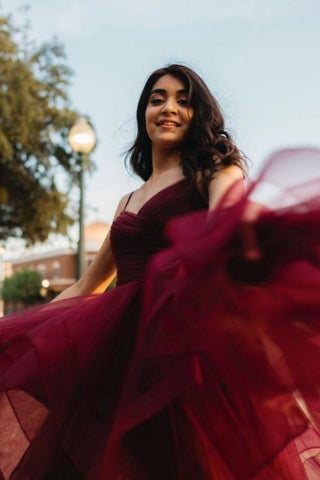 Vestidos de fiesta formales de tul con escote en A, corte en A, color burdeos