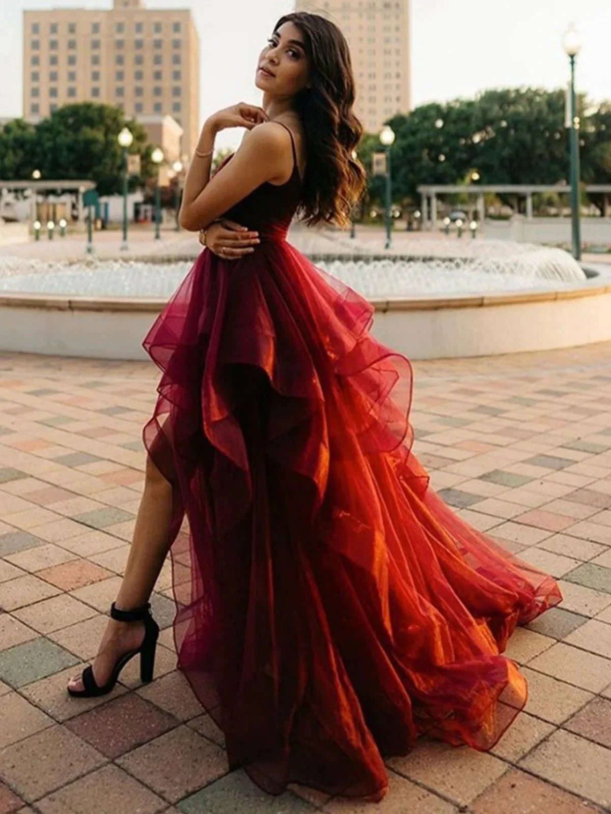 Burgundy High Low A-line Sweetheart Tulle Formal Prom Dresses by BIZTUNNEL