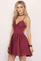 Burgundy Homecoming Dress Spaghetti Straps A-line Lace Short Prom Dress PD356 by pgmdress