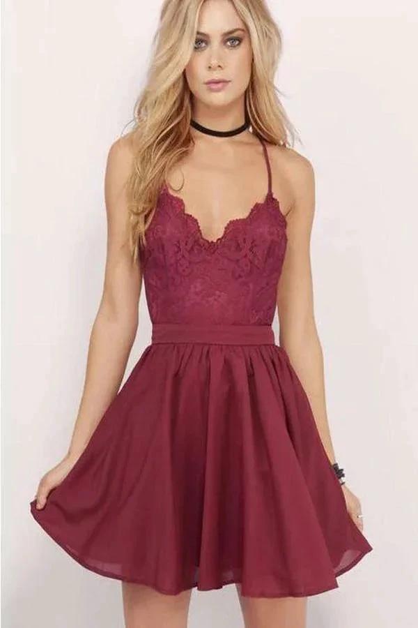 Burgundy Homecoming Dress Spaghetti Straps A-line Lace Short Prom Dress PD356 by pgmdress