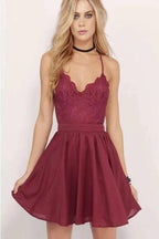 Burgundy Homecoming Dress Spaghetti Straps A-line Lace Short Prom Dress PD356 by pgmdress