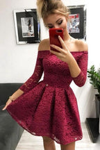Burgundy Lace Off-the-Shoulder Long Sleeves Homecoming Dresses PD338 by pgmdress