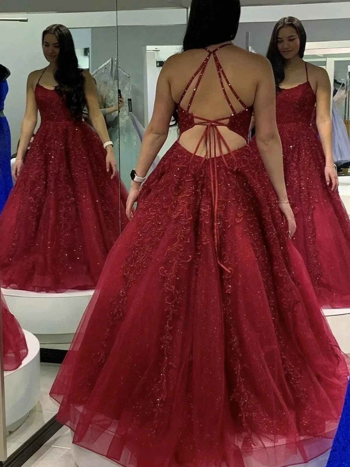 Burgundy Long A-line Tulle Lace Open Back Formal Prom Dress by BIZTUNNEL