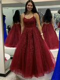 Burgundy Long A-line Tulle Lace Open Back Formal Prom Dress by BIZTUNNEL