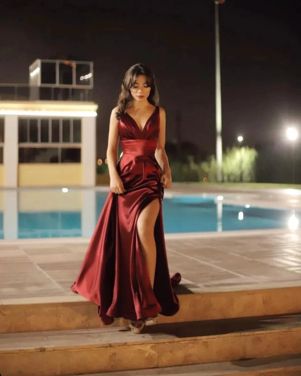 Burgundy Long A-line V-neck Backless Prom Dress With Slit by BIZTUNNEL
