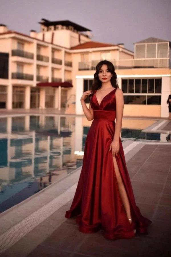 Burgundy Long A-line V-neck Backless Prom Dress With Slit by BIZTUNNEL