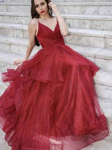 Vestidos de graduación de tul brillante con escote en V y corte A en color burdeos
