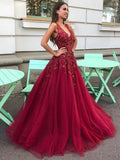 Burgundy Long A-line V-neck Tulle Lace Floral Formal Evening Graduation Prom Dresses by BIZTUNNEL