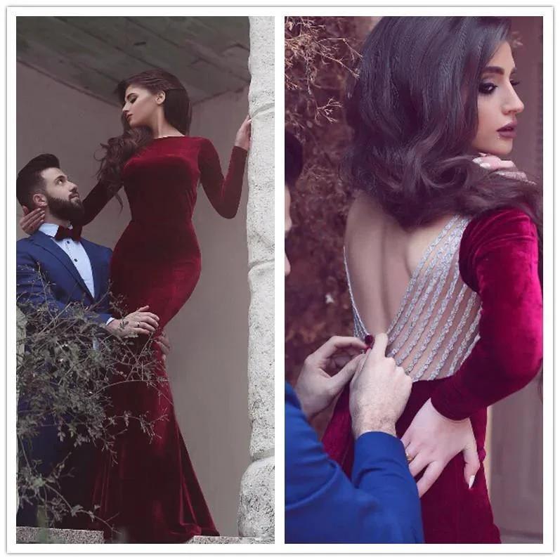 Burgundy Long Mermaid Backless Velvet Formal Prom Dress with Sleeves by BIZTUNNEL