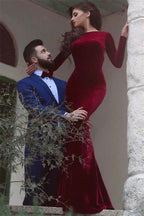Burgundy Long Mermaid Backless Velvet Formal Prom Dress with Sleeves by BIZTUNNEL