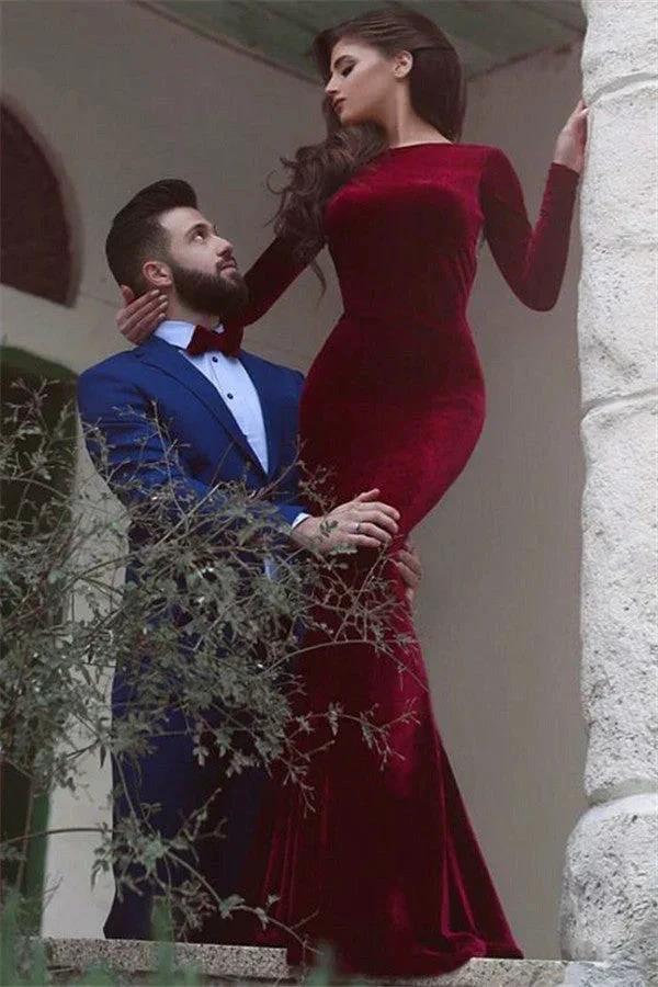 Burgundy Long Mermaid Backless Velvet Formal Prom Dress with Sleeves by BIZTUNNEL
