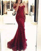 Burgundy Long Mermaid Off the Shoulder Tulle Beaded Lace Prom Dresses by BIZTUNNEL