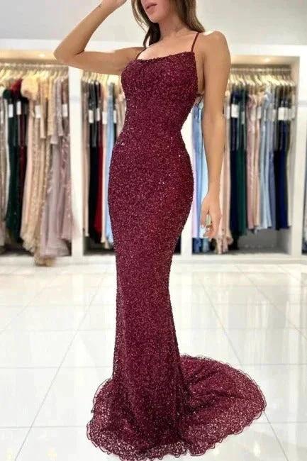Burgundy Long Mermaid Sequined Backless Formal Prom Dresses by BIZTUNNEL