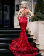 Burgundy Long Mermaid Spaghetti Straps Backless Lace Prom Dress by BIZTUNNEL