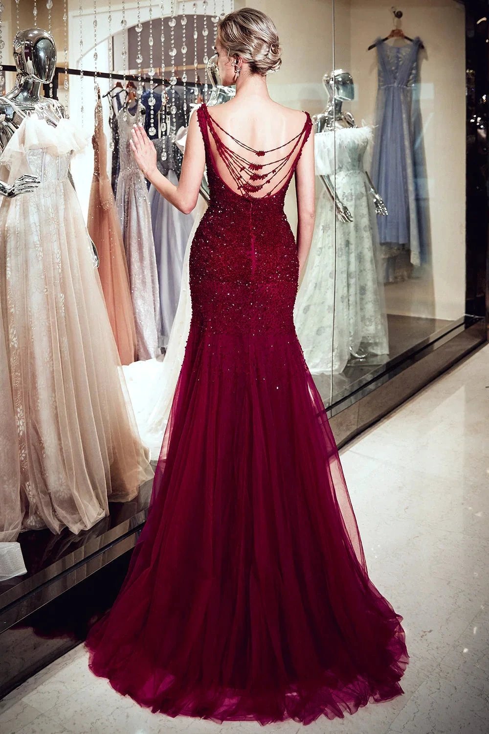 Burgundy Long Mermaid Tulle Sequined Evening Dresses by BIZTUNNEL