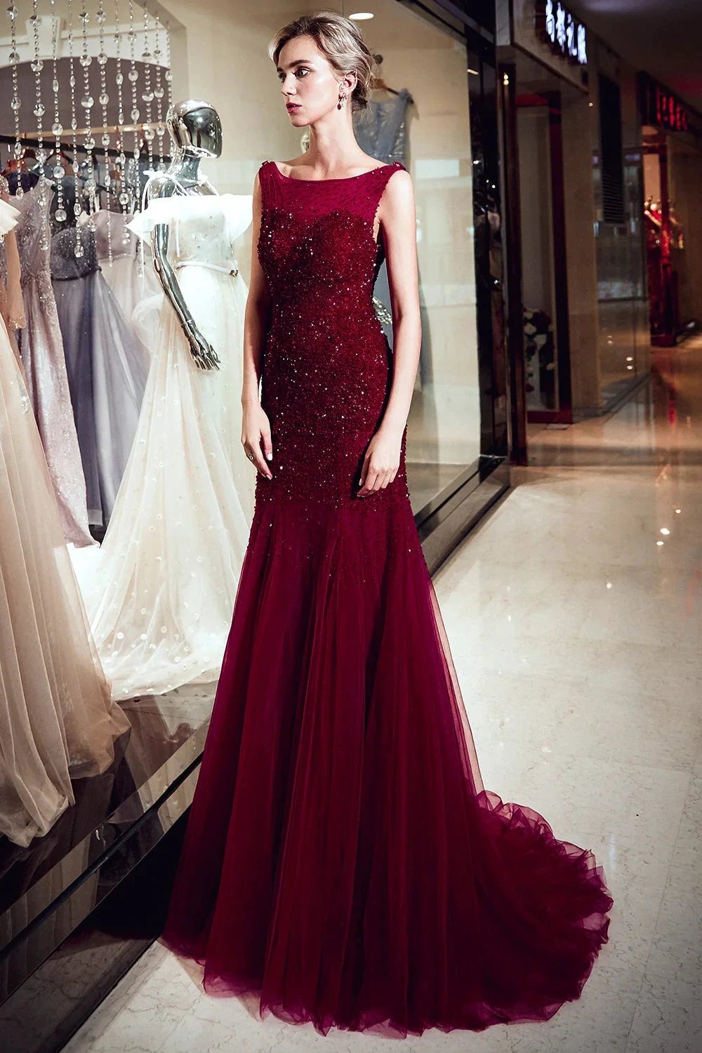 Burgundy Long Mermaid Tulle Sequined Evening Dresses by BIZTUNNEL