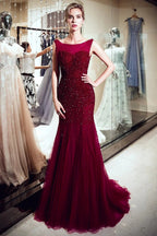 Burgundy Long Mermaid Tulle Sequined Evening Dresses by BIZTUNNEL