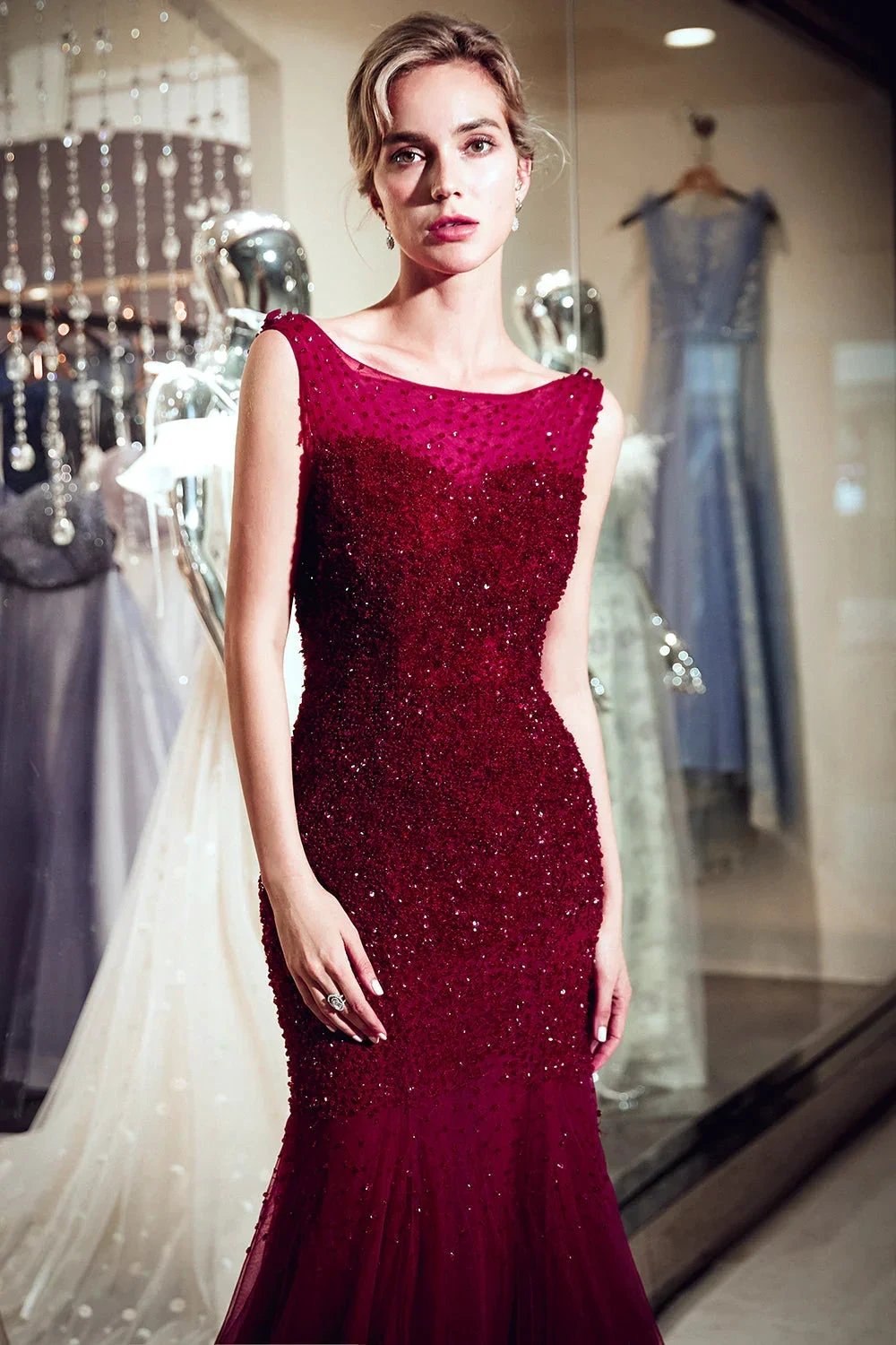 Burgundy Long Mermaid Tulle Sequined Evening Dresses by BIZTUNNEL