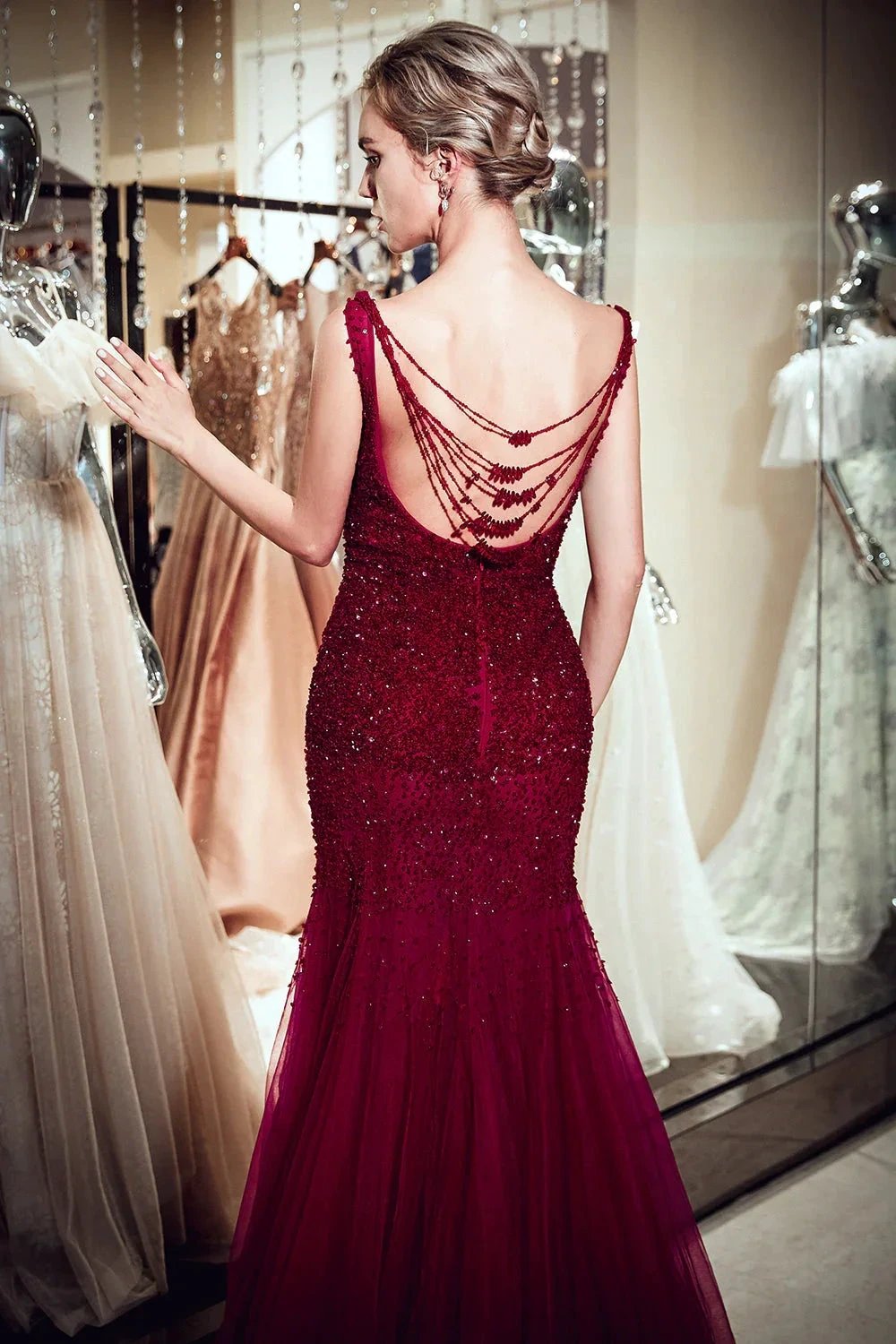 Burgundy Long Mermaid Tulle Sequined Evening Dresses by BIZTUNNEL