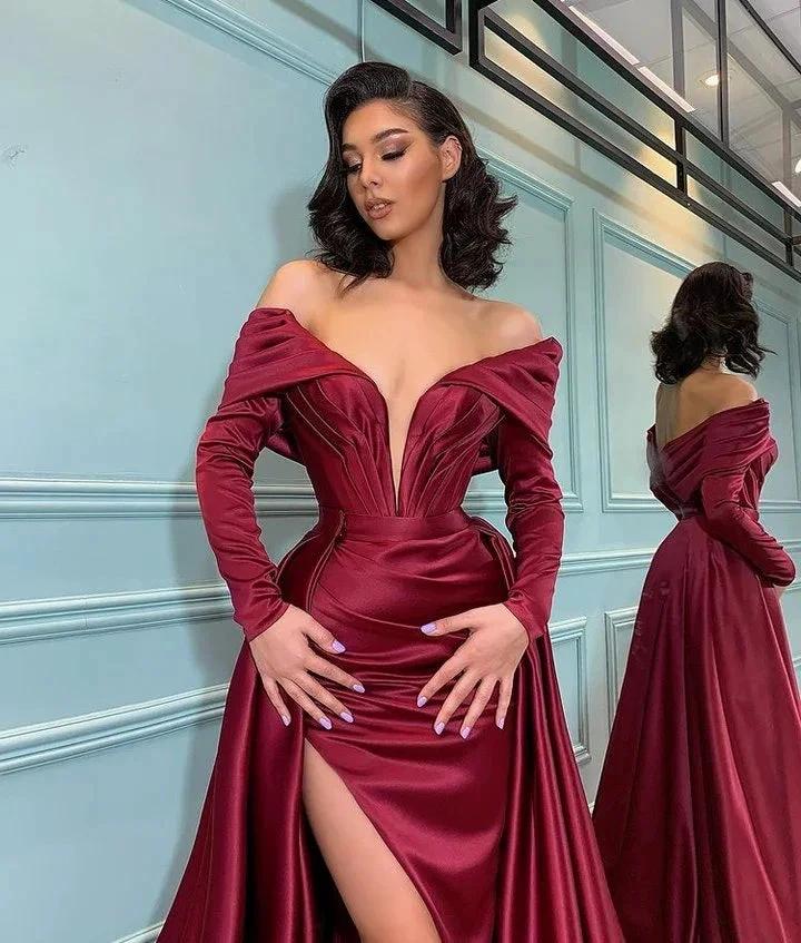 Burgundy Long Sleeve Mermaid Off-the-shoulder Prom Dress with Slit by BIZTUNNEL