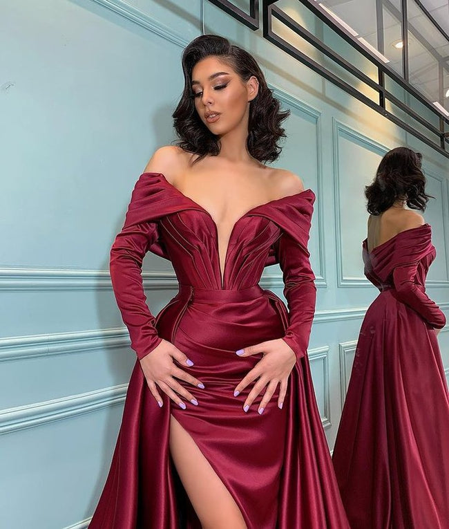 Burgundy Long Sleeve Mermaid Off-the-shoulder Prom Dress with Slit Main Image