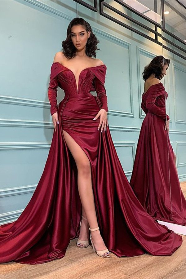 Burgundy Long Sleeve Mermaid Off-the-shoulder Prom Dress with Slit Hover Image
